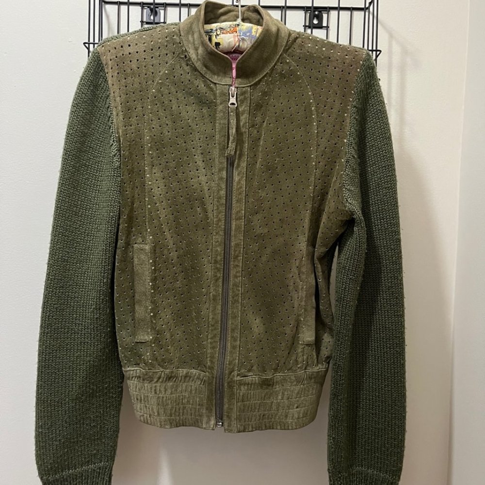 Megami Boogie | Green "Star" Suede, Zip-front Sweater, Size Medium